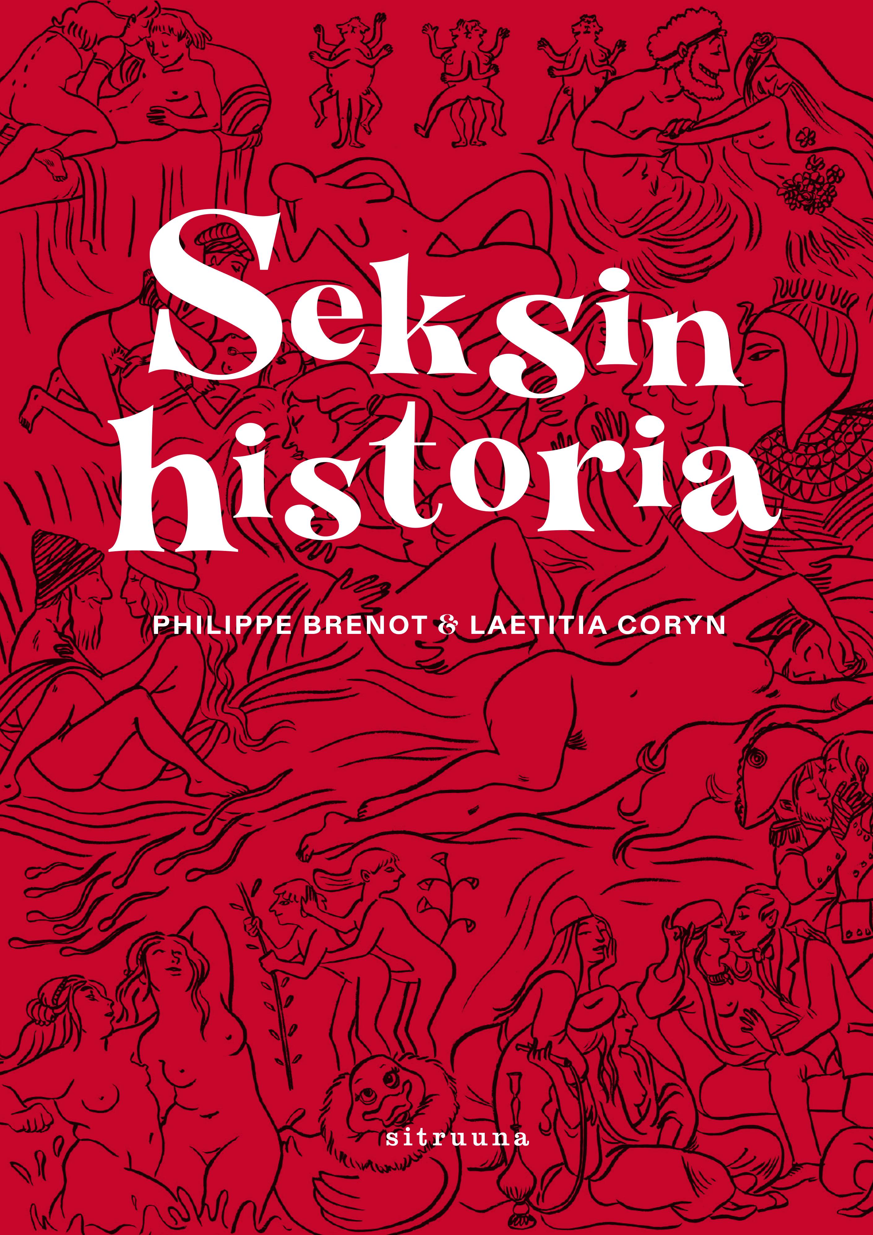 Seksin historia -kirjan kansikuva, jossa punaisella taustalla piirrettyjä ihmisiä