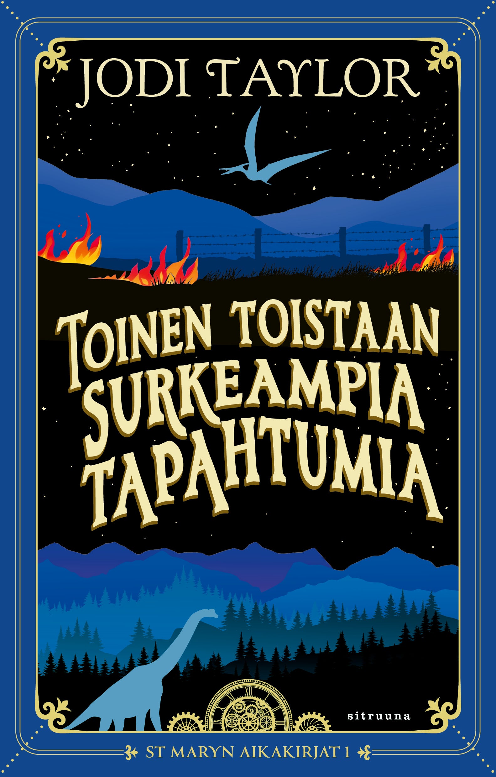 Toinen toistaan surkeampia tapahtumia -kirjan tuotekuva kirjan mustasinertävästä kannesta