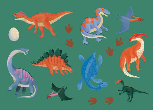 Dinot-palapelin mukana tuleva tarra-arkki, jossa on dinosauruksia