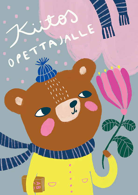 Kiitos opettajalle postikortin tuotekuva, jossa on pirretty karhu