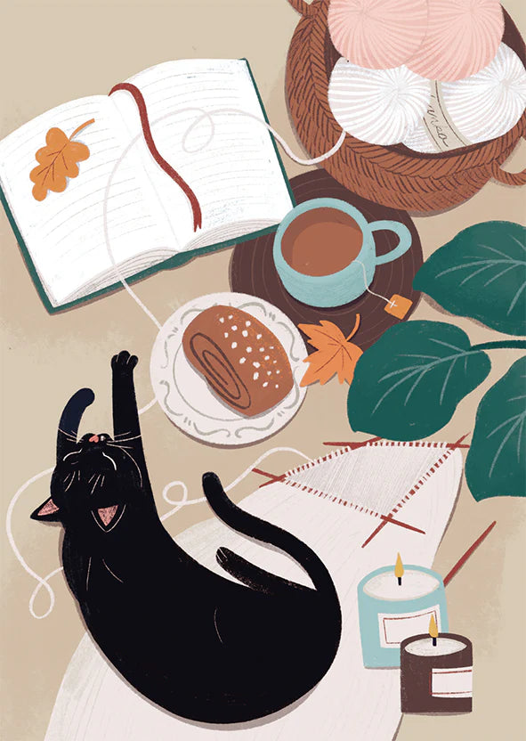 Kissa ja neuletyö postikortin tuotekuva