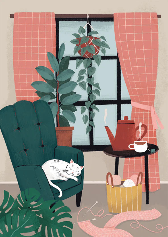 Kissa nojatuolissa postikortin tuotekuva