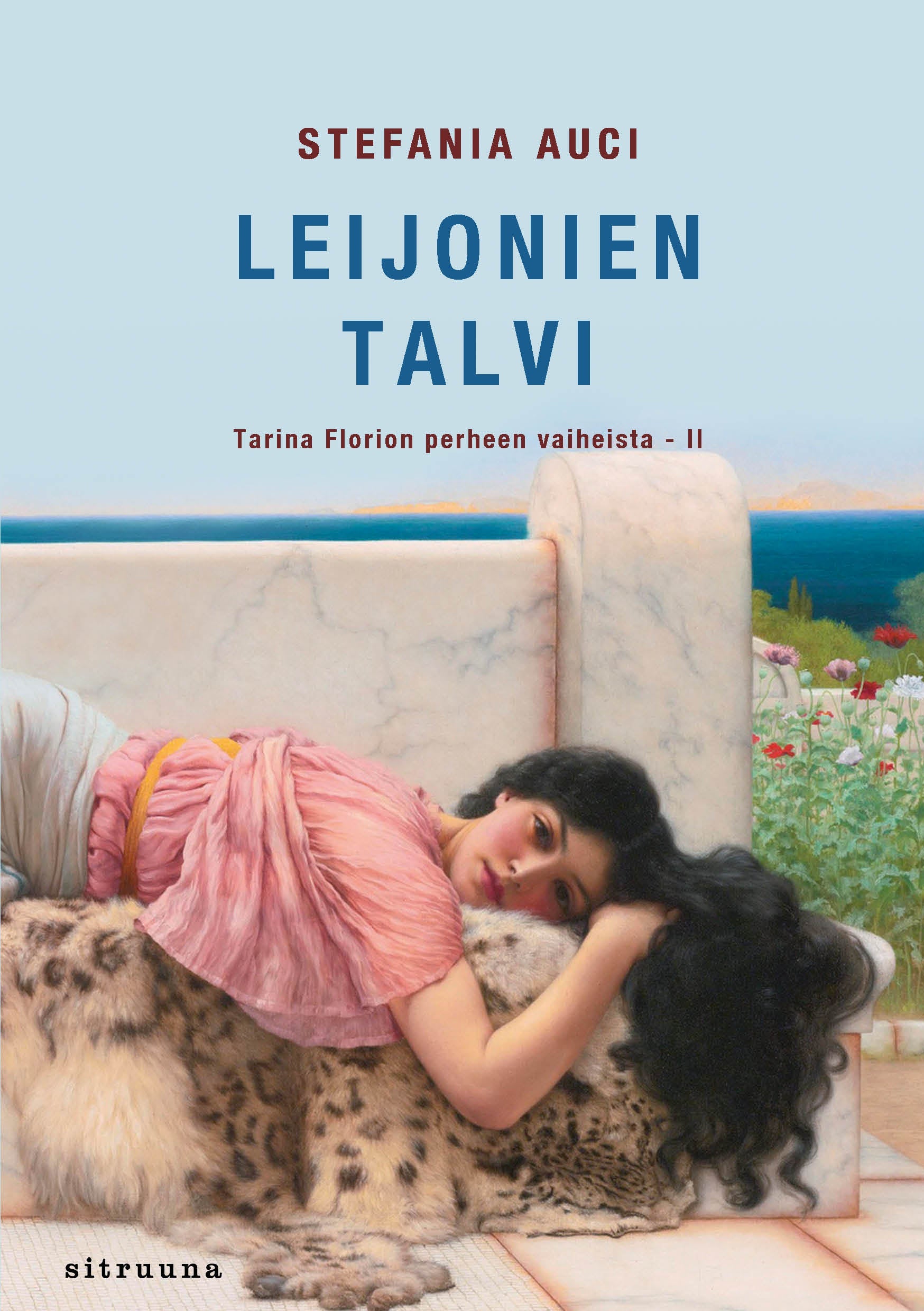 Leijonien talvi -kirjan kansikuva, jossa nainen makoilee penkillä.