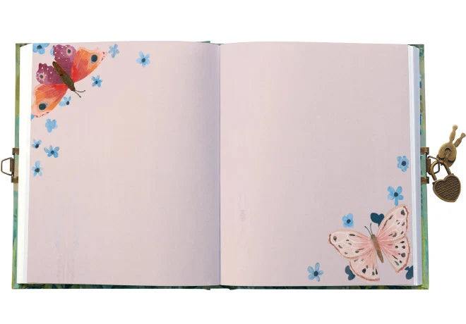 Butterfly Ball -päiväkirjan aukeamakuva, jossa tyhjät sivut jotka on koristeltu perhosilla