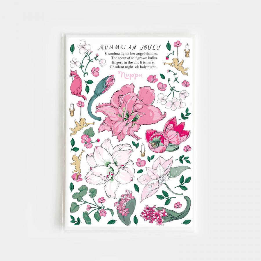 Mummolan joulu -tarrapaketin toinen arkki jossa kukkaisia tarroja ja muutama enkeli