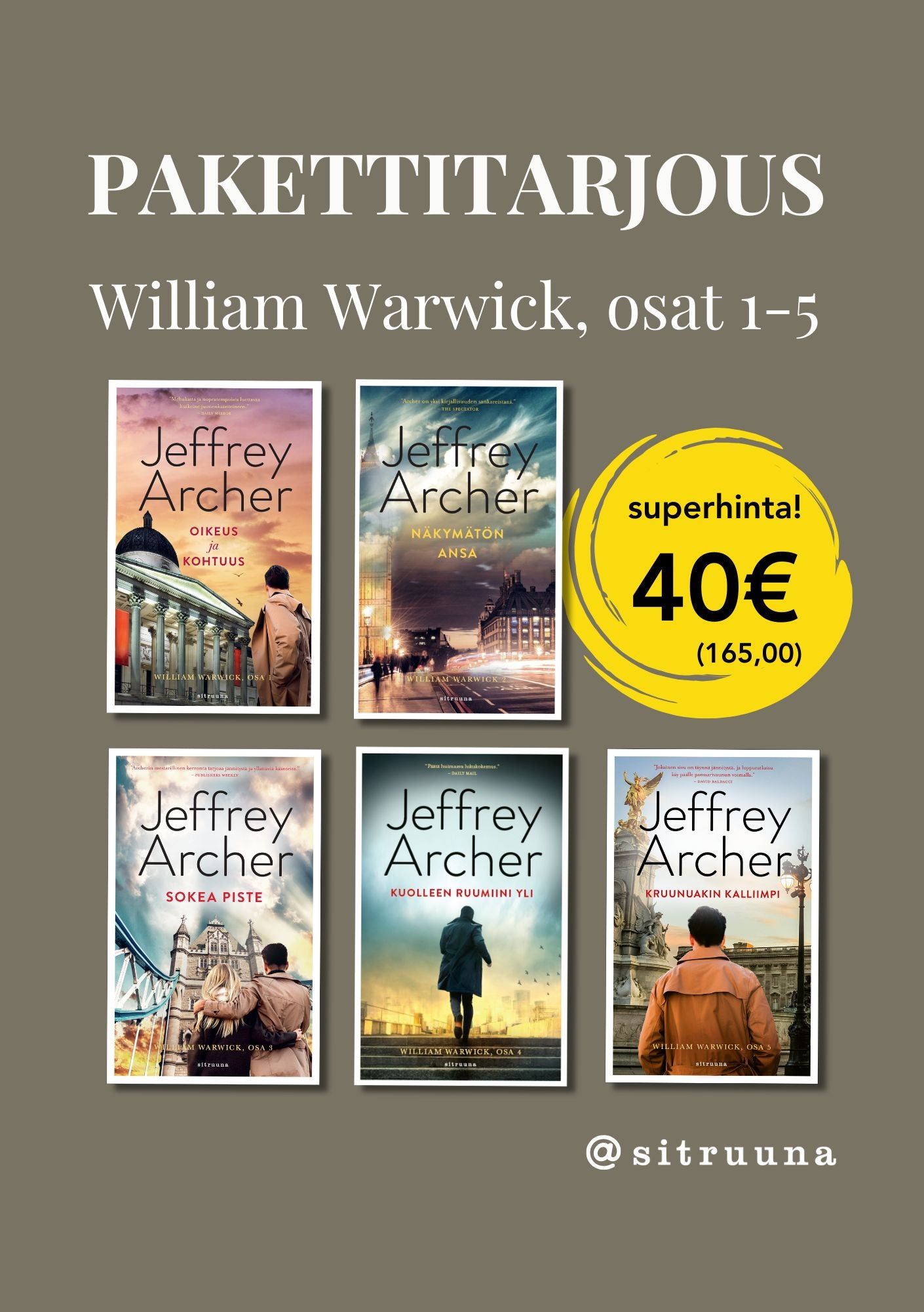 Warwick -kirjasarjan tuotekuva, jossa viisi Jeffrey Archer kirjaa