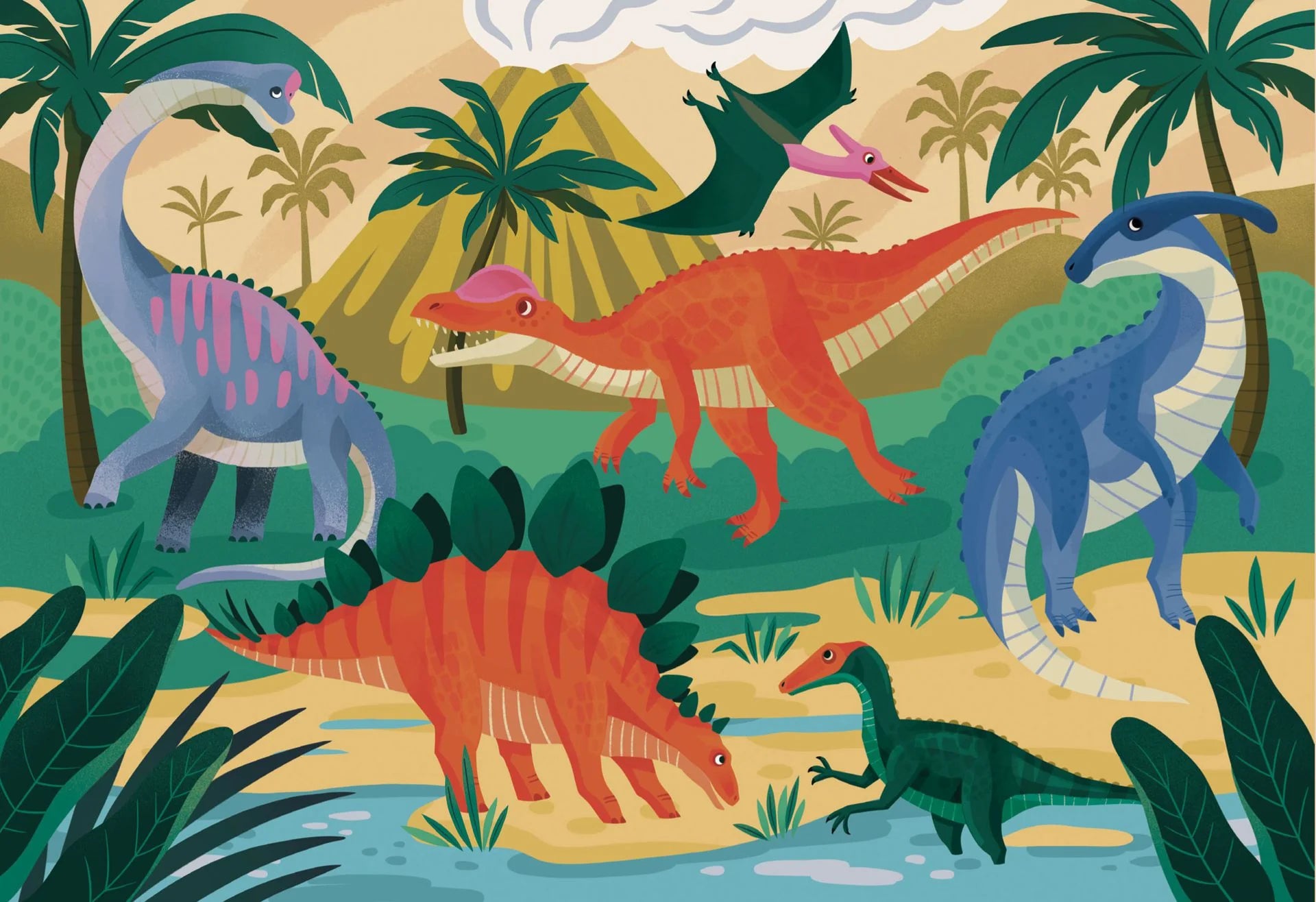 Dinot-palapelin kuva, jossa on dinosauruksia ja taustalla tulivuori