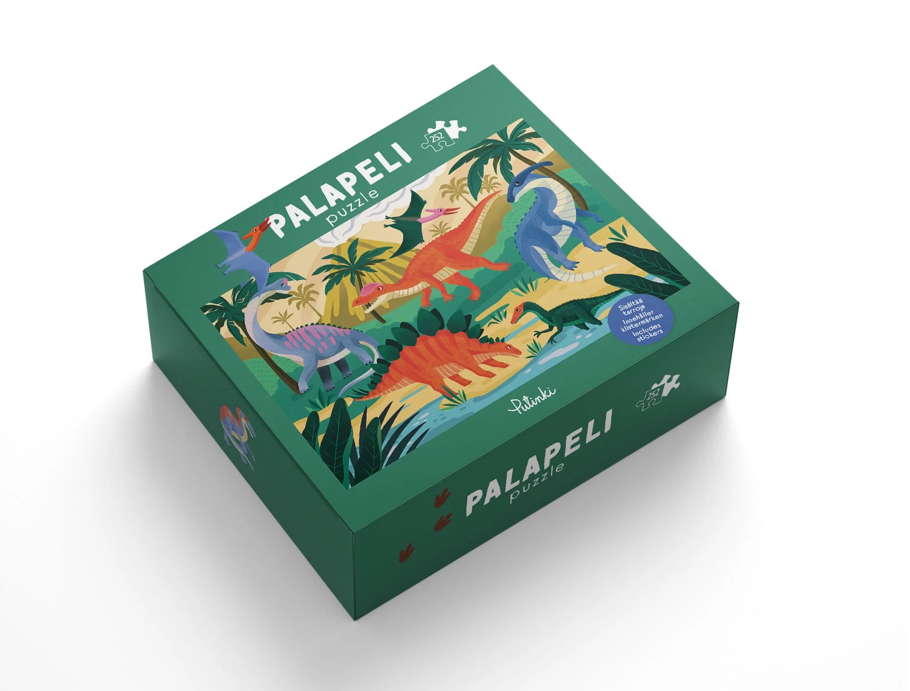 Dinot-palapelin laatikko, jonka kannessa dinosauruksia