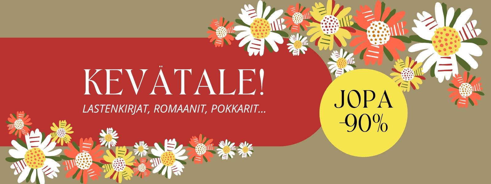 Kevätale mainoskuva, jossa tekstiä punaisela ja keltaisella taustalla