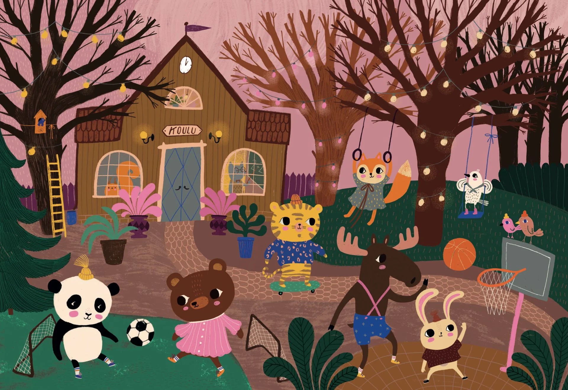 Koulun piha -palapeli, jossa koulun piha ja lapset leikkimässä pihalla