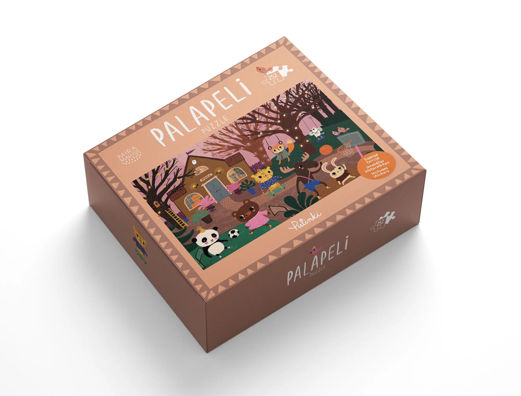 Koulun piha -palapelin laatikko, kuvituksessa koulun piha ja lapset leikkimässä ulkona