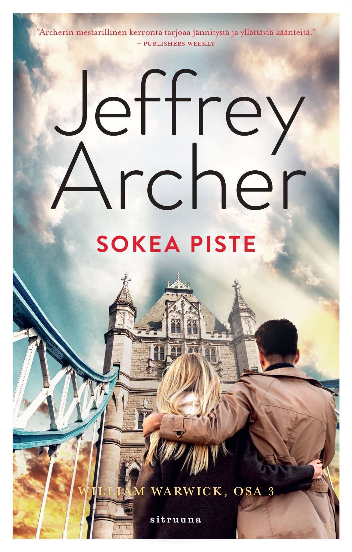 Sokea piste -pokkarin kansikuva, jossa pariskunta seisoo etualalla ja taustalla näkyy värikäs taivaanranta.